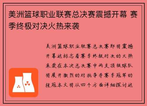 美洲篮球职业联赛总决赛震撼开幕 赛季终极对决火热来袭