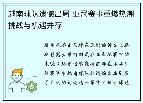越南球队遗憾出局 亚冠赛事重燃热潮挑战与机遇并存