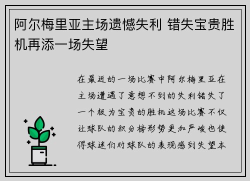 阿尔梅里亚主场遗憾失利 错失宝贵胜机再添一场失望