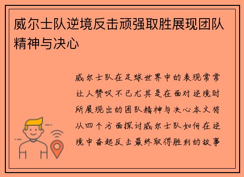 威尔士队逆境反击顽强取胜展现团队精神与决心