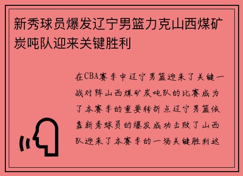 新秀球员爆发辽宁男篮力克山西煤矿炭吨队迎来关键胜利