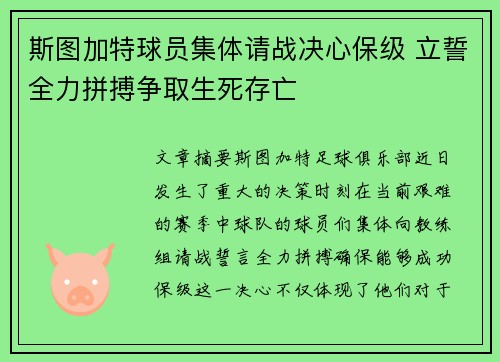 斯图加特球员集体请战决心保级 立誓全力拼搏争取生死存亡