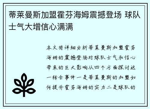 蒂莱曼斯加盟霍芬海姆震撼登场 球队士气大增信心满满