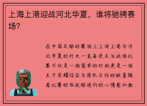 上海上港迎战河北华夏，谁将驰骋赛场？