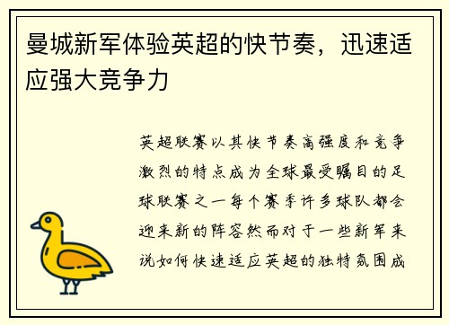 曼城新军体验英超的快节奏，迅速适应强大竞争力