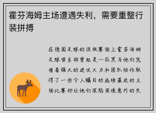 霍芬海姆主场遭遇失利，需要重整行装拼搏