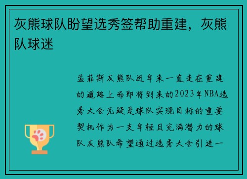 灰熊球队盼望选秀签帮助重建，灰熊队球迷