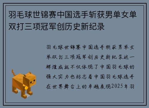 羽毛球世锦赛中国选手斩获男单女单双打三项冠军创历史新纪录