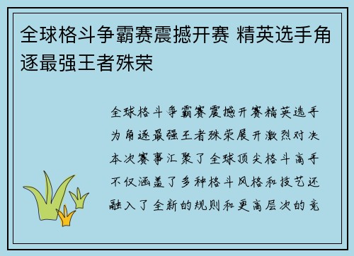 全球格斗争霸赛震撼开赛 精英选手角逐最强王者殊荣