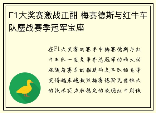 F1大奖赛激战正酣 梅赛德斯与红牛车队鏖战赛季冠军宝座