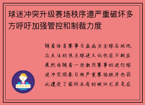 球迷冲突升级赛场秩序遭严重破坏多方呼吁加强管控和制裁力度